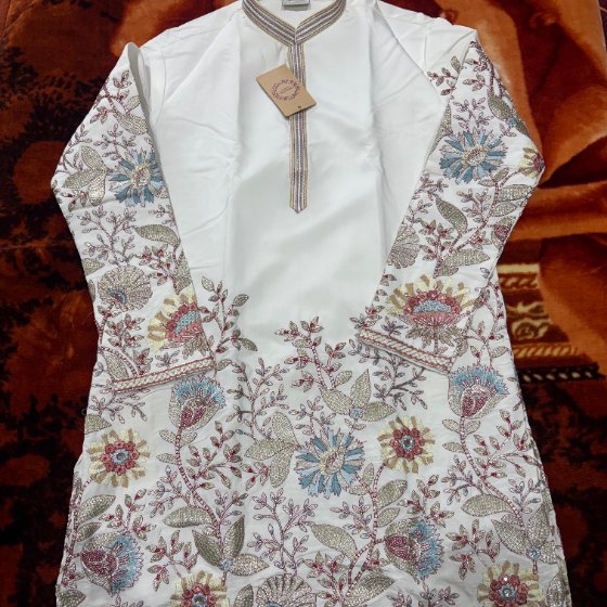 Ivory floral embroidered kurta as received, tags intact