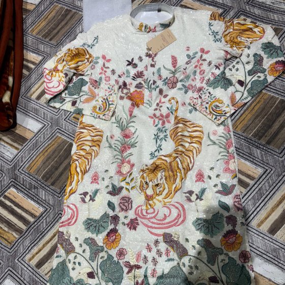 Ivory sequin kurta with tiger motif as received