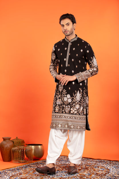 Rehansh – Regal Black Heritage Embroidered Kurta with Patiala