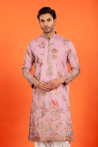 Nivaan – Rose Dust Heritage Embroidered Kurta with Patiala